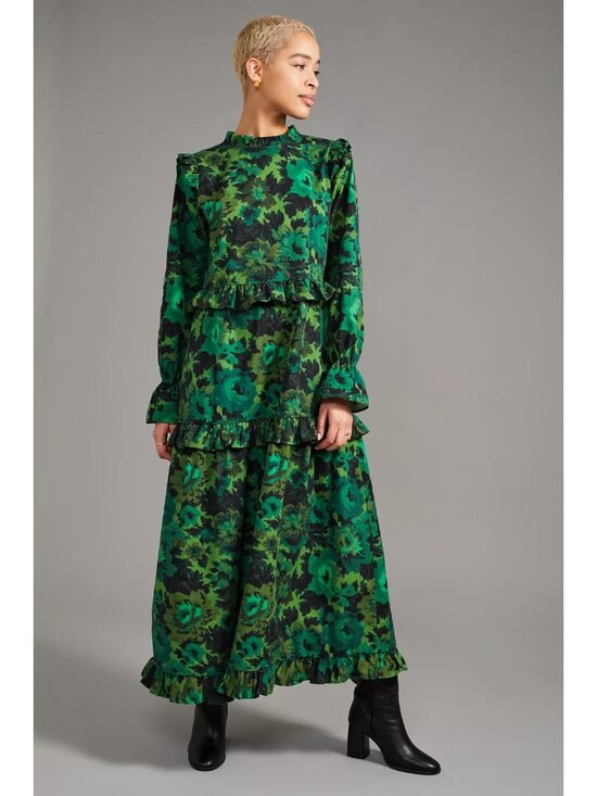 Damson Madder Dresses & Skirts - Damson Madder Green Kushla Floral Maxi Dress Ruffle Tie Back, Size 8